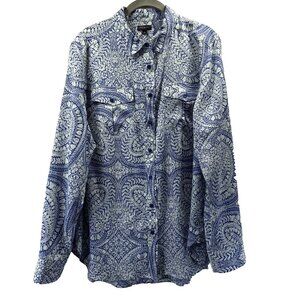 Talbots Women's Blouse Top Large Blue White Paisley Long Sleeve Roll Tab Sliky